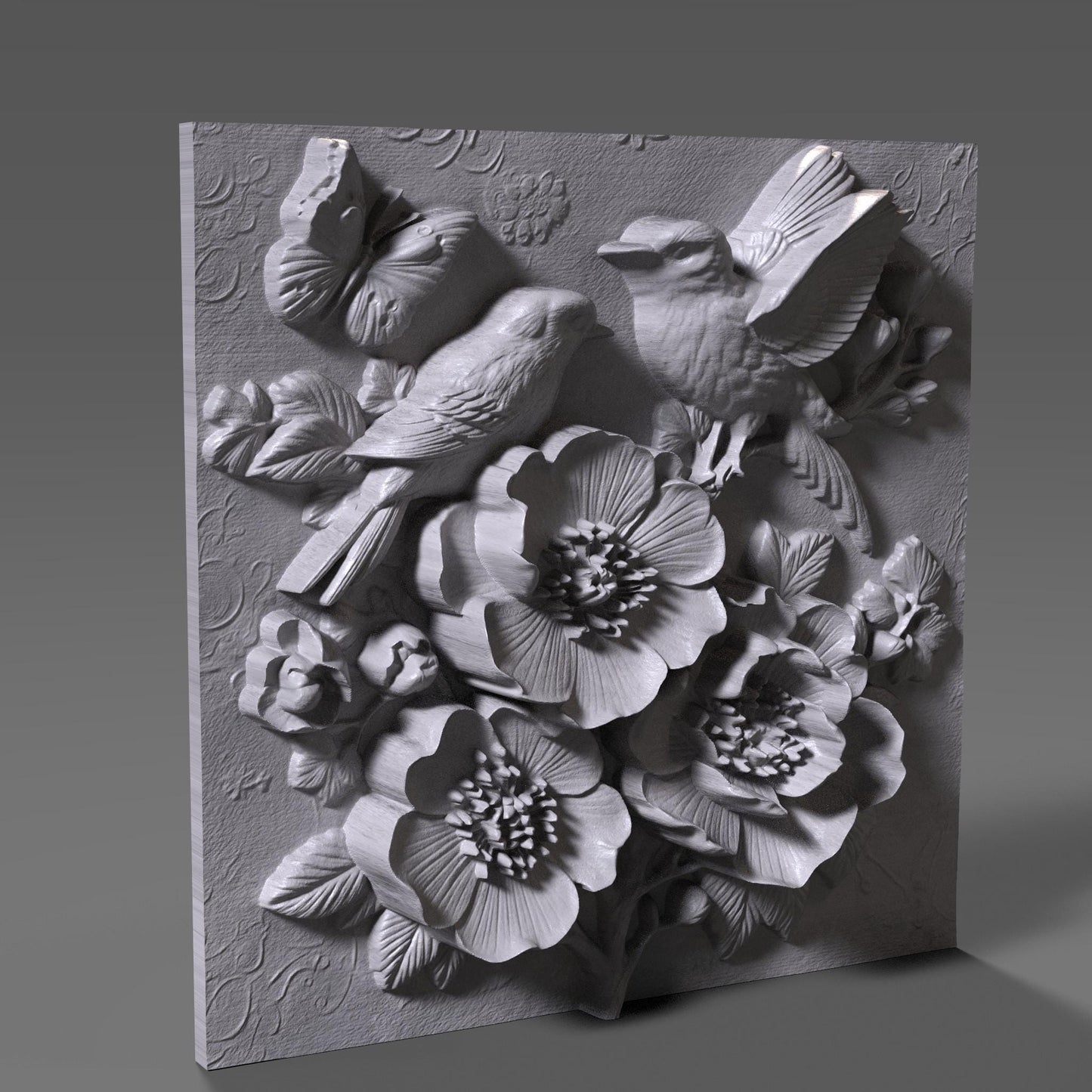 Cherry Blossom Birds 3D Relief STL File: Floral CNC Carving (Digital Download)