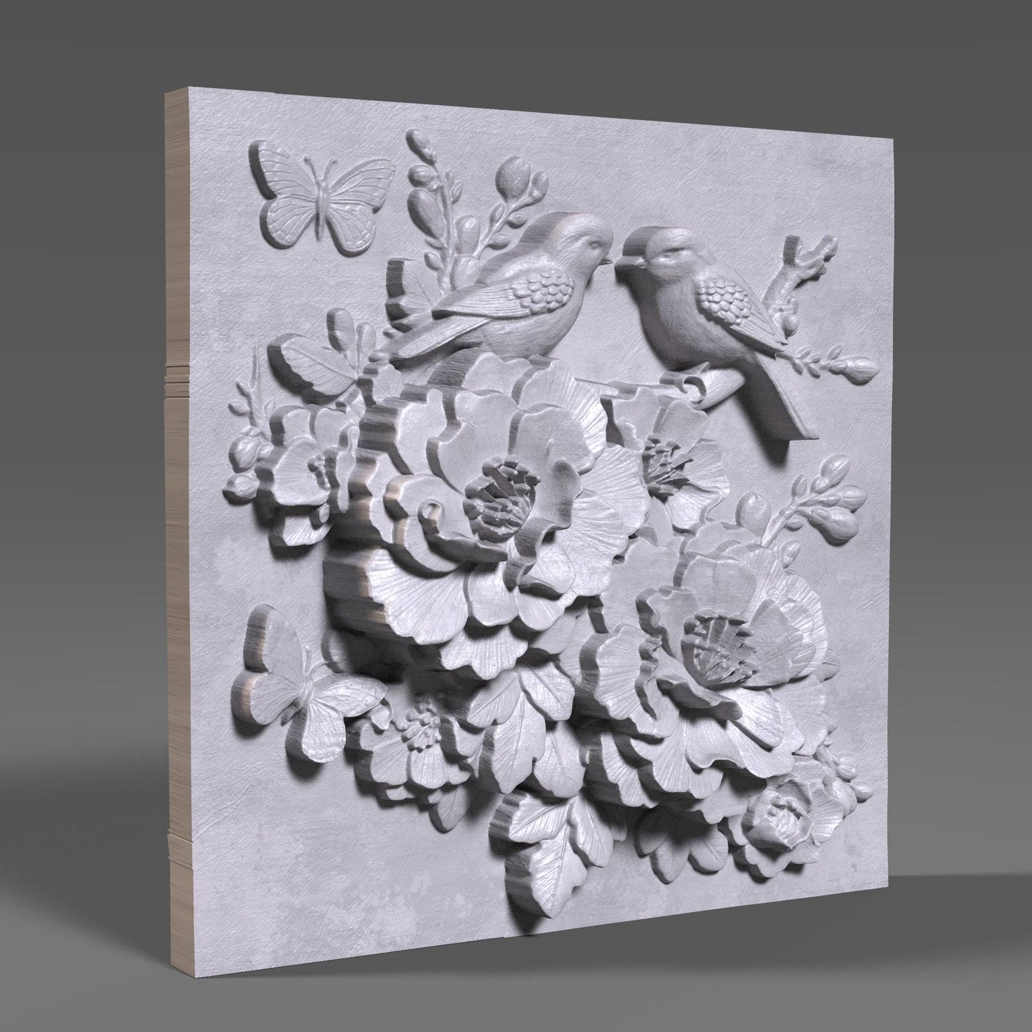 Cherry Blossom Birds 3D Relief Model: Floral Wall Art (STL File)