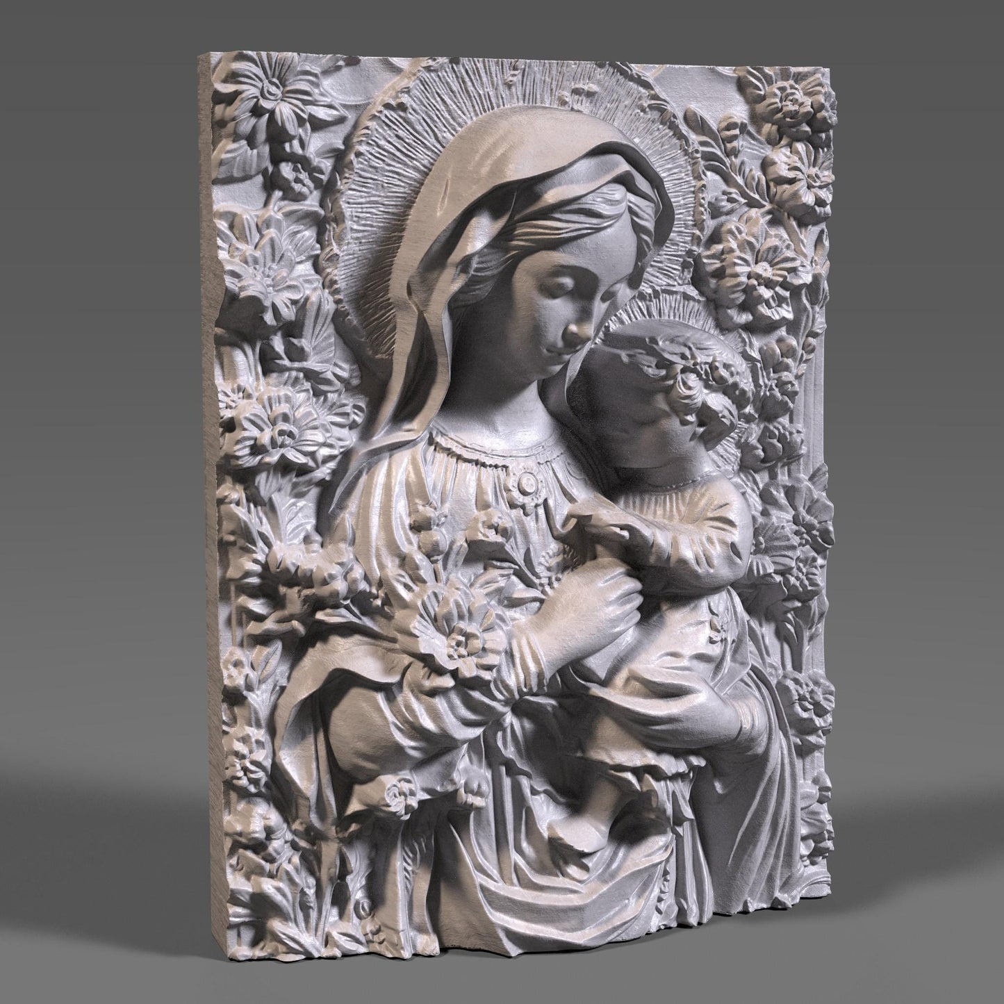 Virgin Mary and Baby Jesus 3D Relief Model: CNC, 3d print (Digital Download)
