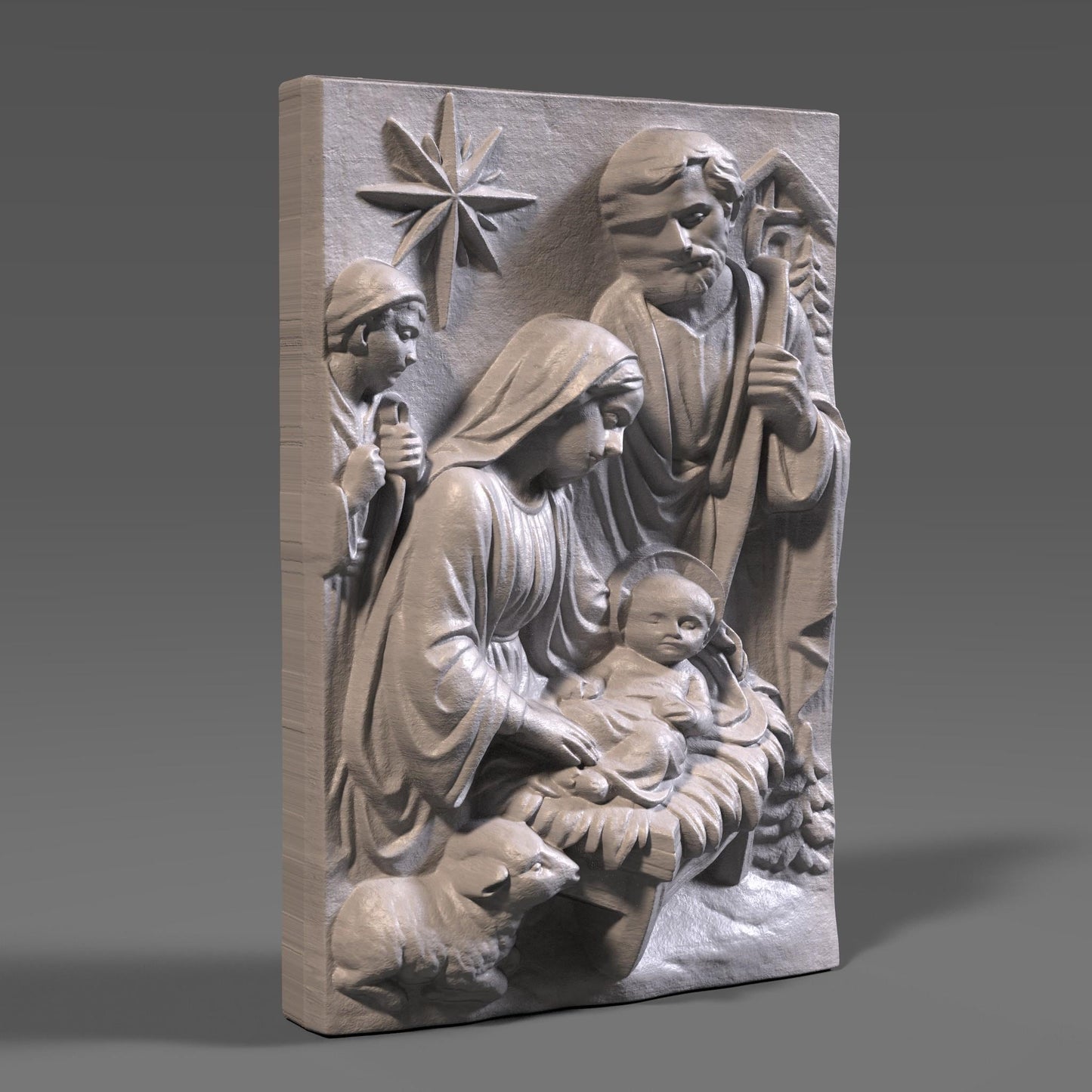 A beautiful Nativity Scene bas-relief featuring Baby Jesus, Mother Mary, and Saint Joseph, sculpted with reverence and fine classical detail. Draped fabrics, the guiding Christmas star, animals, and the manger create a warm spiritual narrative β ideal for Christmas projects, religious displays, churches, gifts, and sacred wall decor.