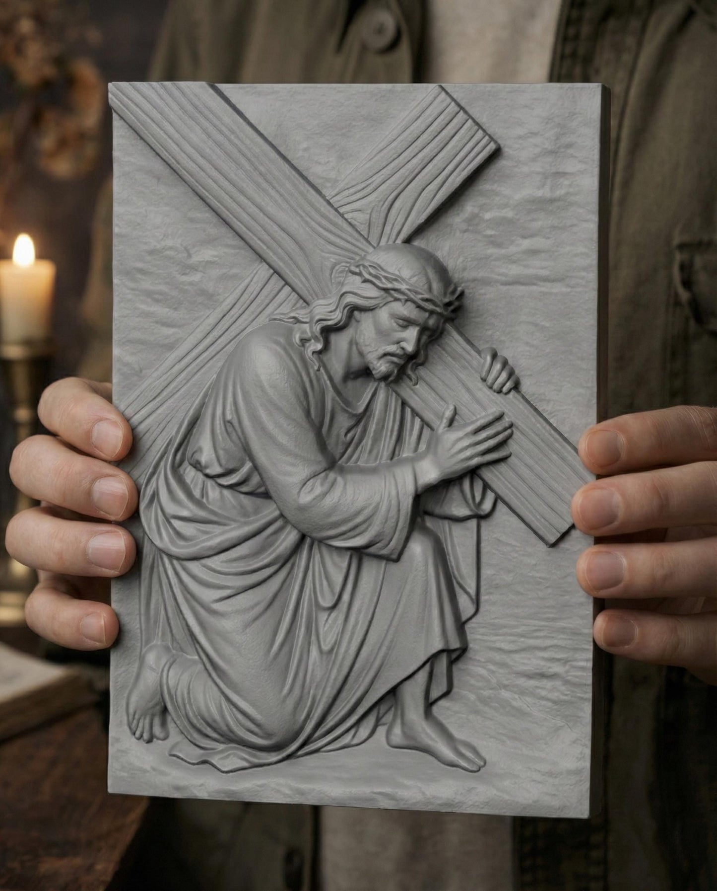 A deep relief 3D sculpture of Jesus Christ kneeling and carrying the cross, rendered in high-resolution gray resin with stone-like finish. The artwork features expressive facial details, flowing robes, and realistic wood grain texture on the cross. Ideal for Christian home decor, religious gifts, or prayer room installations. Studio lighting highlights the elegant depth and intricate craftsmanship of the resin print.