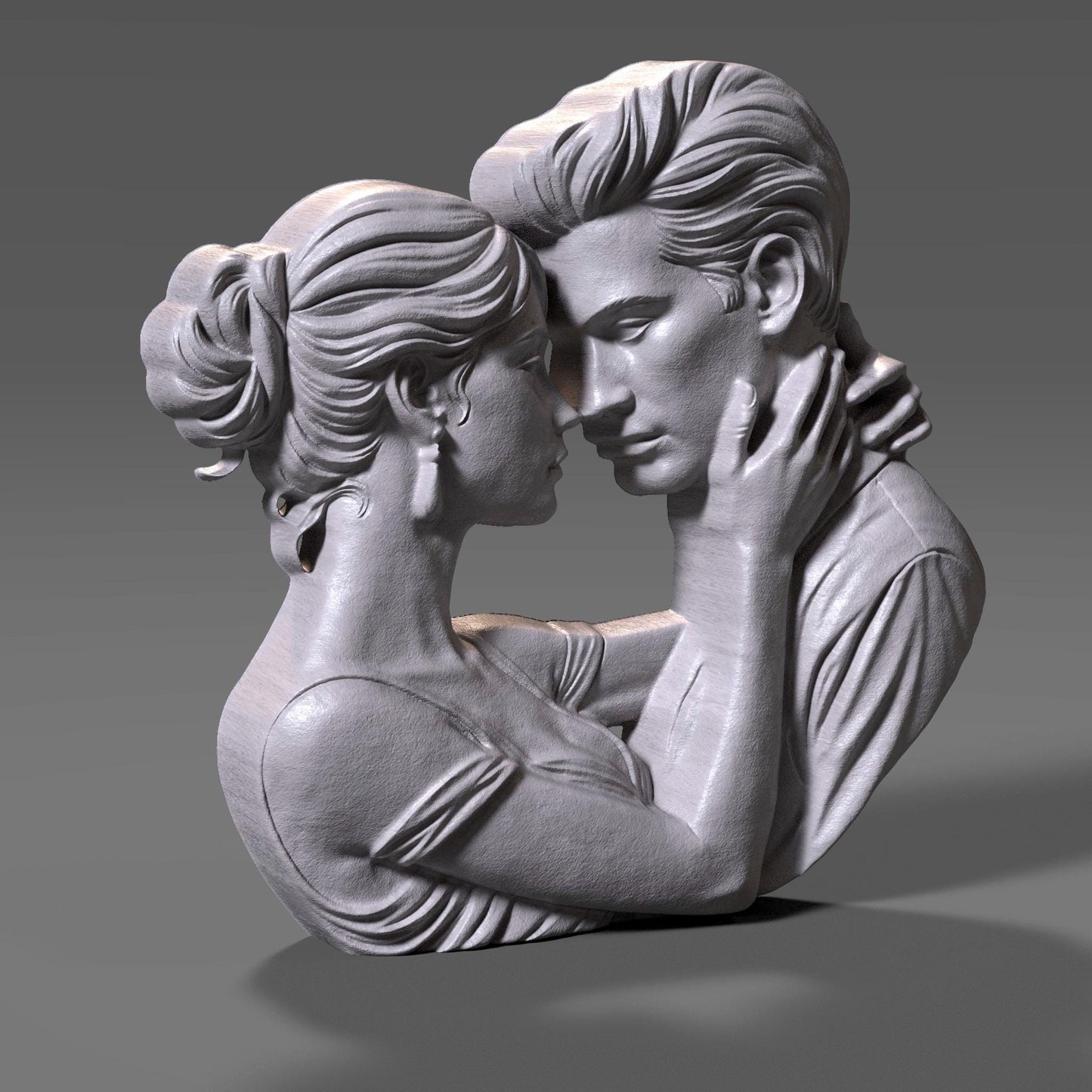 Romantic couple in deep embrace 3D bas relief sculpture, STL file for CNC carving or 3D printing. Ideal for Valentine’s Day or anniversary gifts, showing emotional connection between man and woman. High-detail forehead touch pose with artistic lines, perfect for wood, resin, or laser engraving outputs.