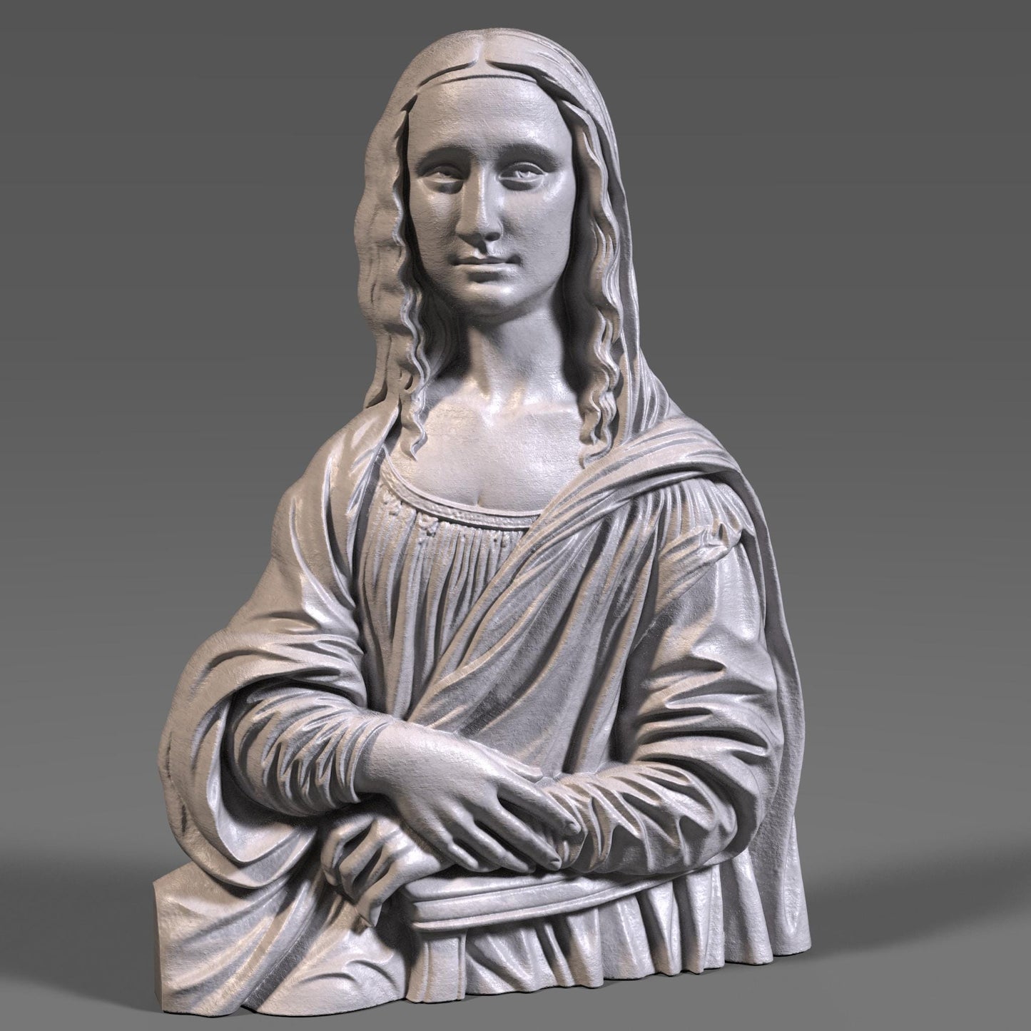 Elegant 3D sculpture of the Mona Lisa bust rendered in high-resolution resin and carved wood finishes, ideal for premium CNC carving or high-detail 3D printing. Classic Renaissance pose with flowing hair and detailed drapery, perfect for art collectors and luxury home decor creators.