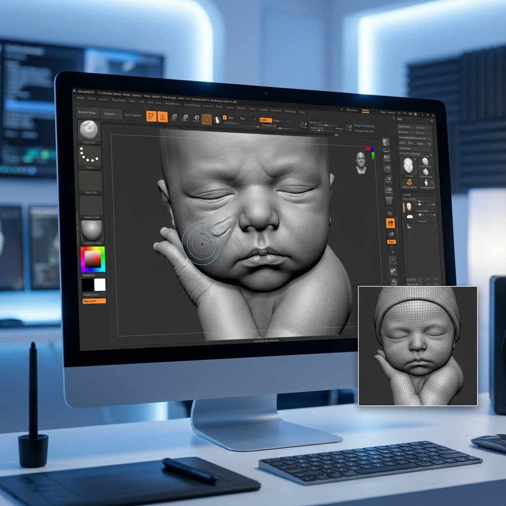 Custom baby and newborn 3D portrait modeling service showing before and after transformation from photo to detailed sculpted bust, digital sculpting process, printed figurine, and finished keepsake statue options.