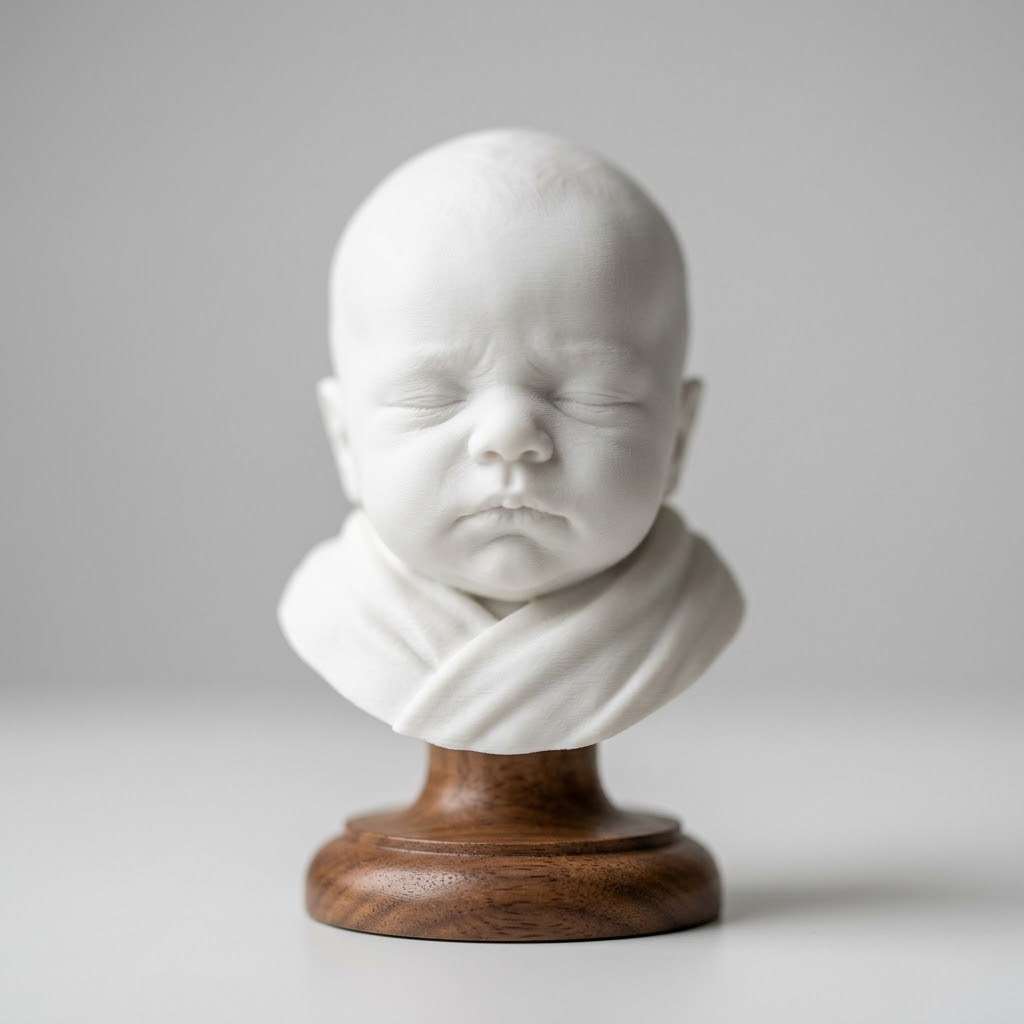 Custom baby and newborn 3D portrait modeling service showing before and after transformation from photo to detailed sculpted bust, digital sculpting process, printed figurine, and finished keepsake statue options.