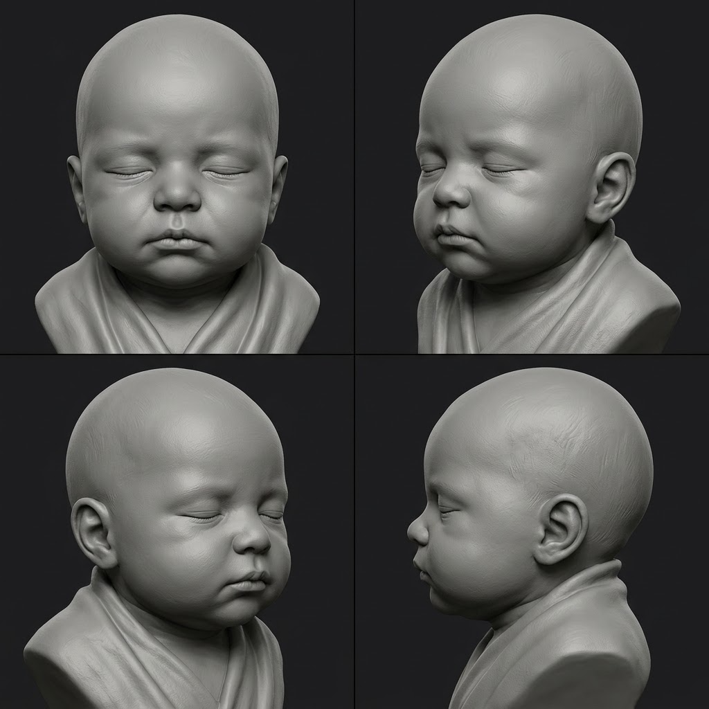Custom baby and newborn 3D portrait modeling service showing before and after transformation from photo to detailed sculpted bust, digital sculpting process, printed figurine, and finished keepsake statue options.