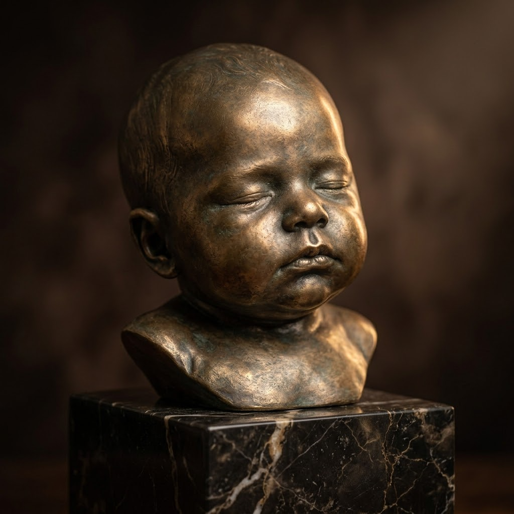 Custom baby and newborn 3D portrait modeling service showing before and after transformation from photo to detailed sculpted bust, digital sculpting process, printed figurine, and finished keepsake statue options.