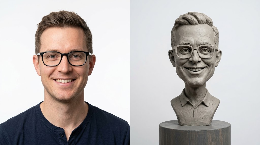 Promotional image set for a custom caricature and stylized bust 3D modeling service, showing a reference photo transformed into an exaggerated clay caricature bust, a digital sculpting process on screen, a white 3D printed caricature bust on a pedestal, and a bronze heirloom statue. Made for customers who want a photo turned into a fun, personalized caricature bust, painted figurine, or wood relief plaque for gag gifts, keepsakes, and display pieces.