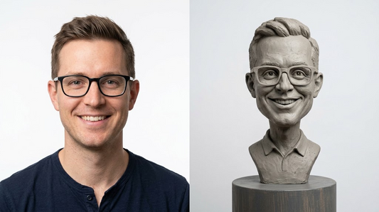 Promotional image set for a custom caricature and stylized bust 3D modeling service, showing a reference photo transformed into an exaggerated clay caricature bust, a digital sculpting process on screen, a white 3D printed caricature bust on a pedestal, and a bronze heirloom statue. Made for customers who want a photo turned into a fun, personalized caricature bust, painted figurine, or wood relief plaque for gag gifts, keepsakes, and display pieces.
