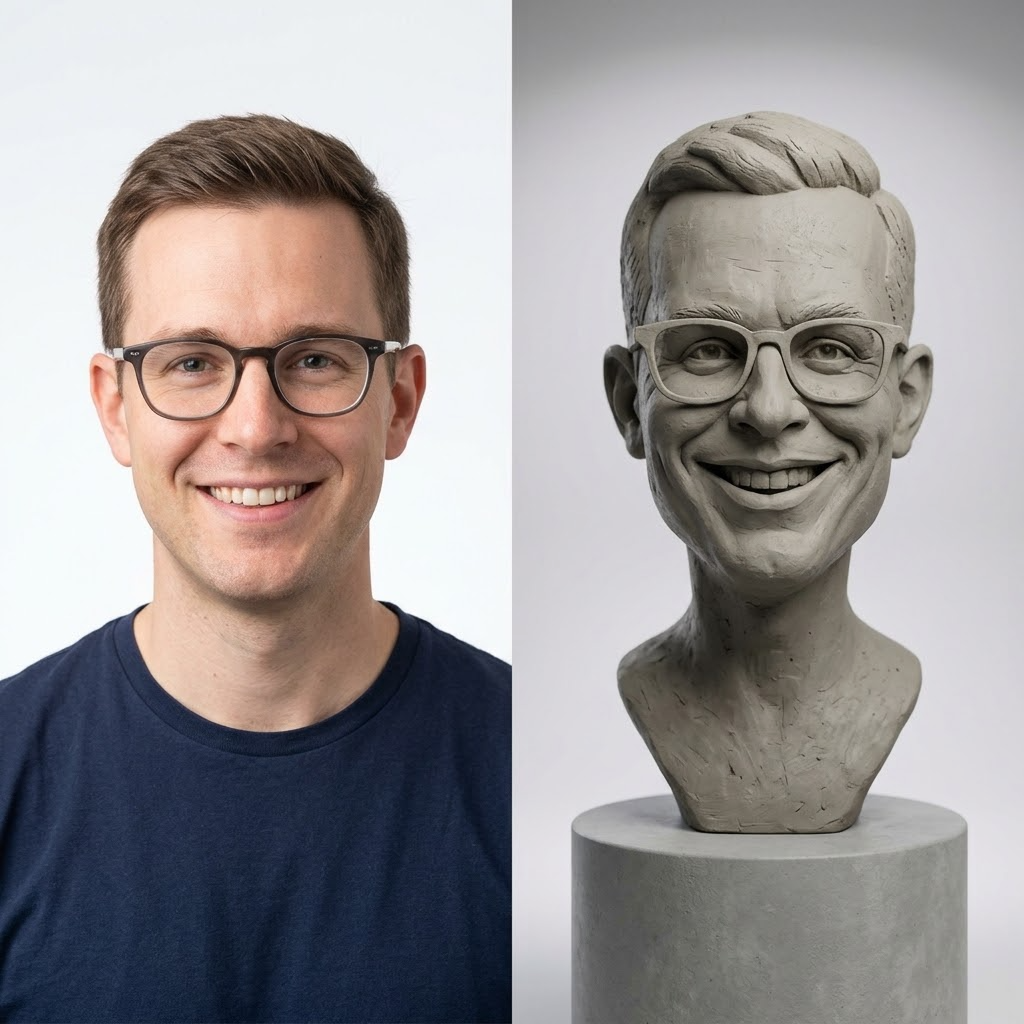 Promotional image set for a custom caricature and stylized bust 3D modeling service, showing a reference photo transformed into an exaggerated clay caricature bust, a digital sculpting process on screen, a white 3D printed caricature bust on a pedestal, and a bronze heirloom statue. Made for customers who want a photo turned into a fun, personalized caricature bust, painted figurine, or wood relief plaque for gag gifts, keepsakes, and display pieces.