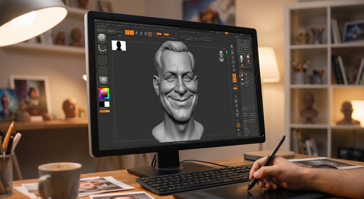 Promotional image set for a custom caricature and stylized bust 3D modeling service, showing a reference photo transformed into an exaggerated clay caricature bust, a digital sculpting process on screen, a white 3D printed caricature bust on a pedestal, and a bronze heirloom statue. Made for customers who want a photo turned into a fun, personalized caricature bust, painted figurine, or wood relief plaque for gag gifts, keepsakes, and display pieces.