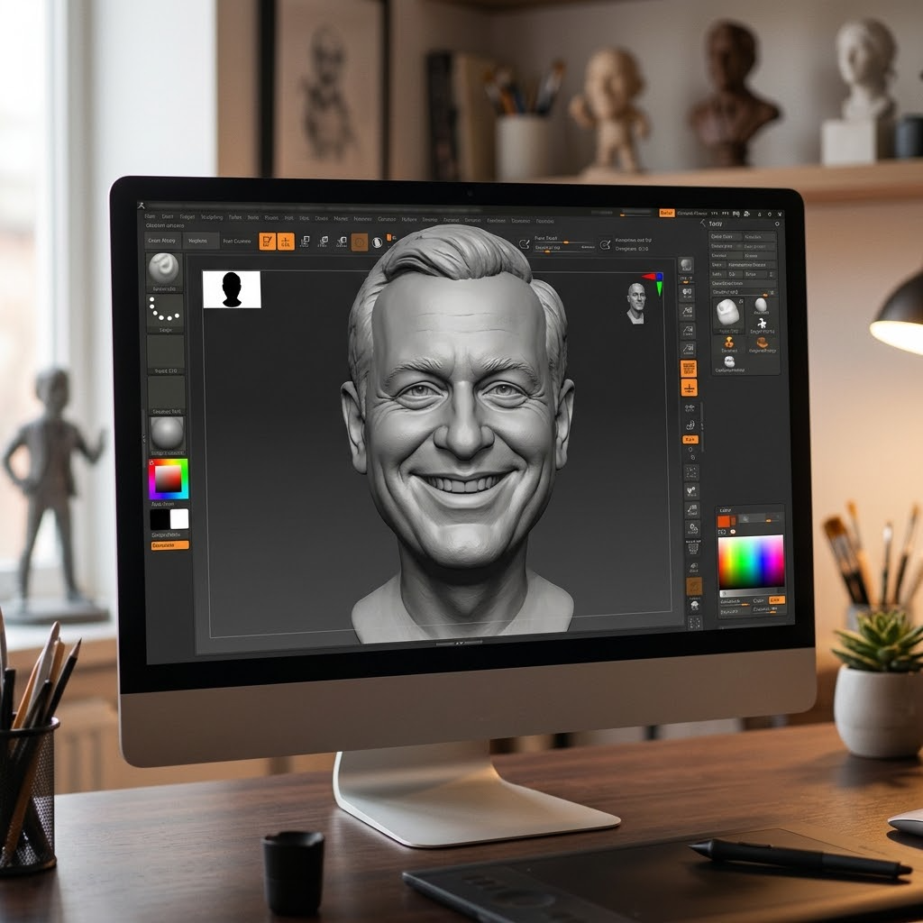 Promotional image set for a custom caricature and stylized bust 3D modeling service, showing a reference photo transformed into an exaggerated clay caricature bust, a digital sculpting process on screen, a white 3D printed caricature bust on a pedestal, and a bronze heirloom statue. Made for customers who want a photo turned into a fun, personalized caricature bust, painted figurine, or wood relief plaque for gag gifts, keepsakes, and display pieces.