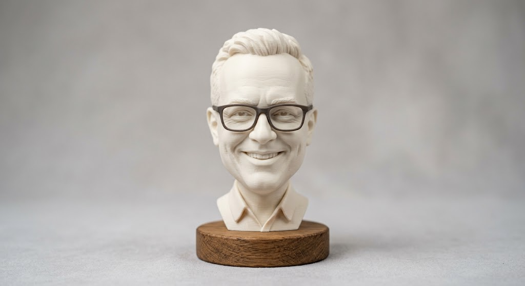 Promotional image set for a custom caricature and stylized bust 3D modeling service, showing a reference photo transformed into an exaggerated clay caricature bust, a digital sculpting process on screen, a white 3D printed caricature bust on a pedestal, and a bronze heirloom statue. Made for customers who want a photo turned into a fun, personalized caricature bust, painted figurine, or wood relief plaque for gag gifts, keepsakes, and display pieces.