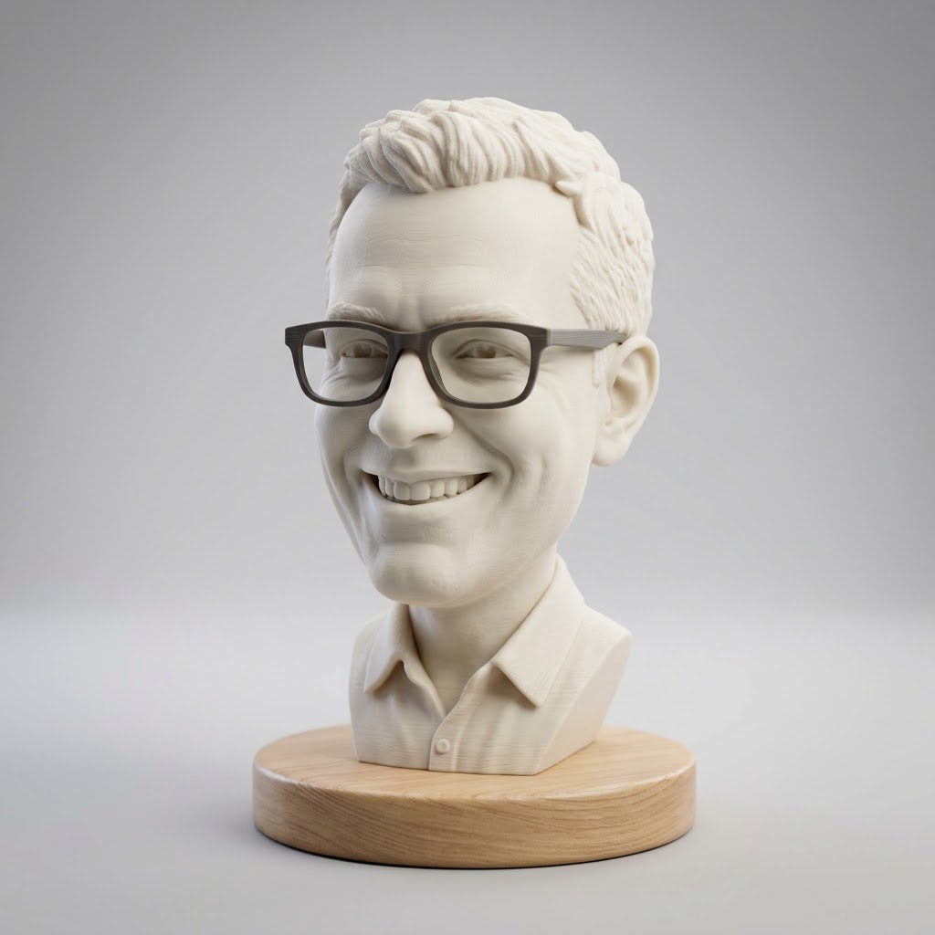 Promotional image set for a custom caricature and stylized bust 3D modeling service, showing a reference photo transformed into an exaggerated clay caricature bust, a digital sculpting process on screen, a white 3D printed caricature bust on a pedestal, and a bronze heirloom statue. Made for customers who want a photo turned into a fun, personalized caricature bust, painted figurine, or wood relief plaque for gag gifts, keepsakes, and display pieces.