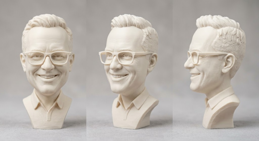 Promotional image set for a custom caricature and stylized bust 3D modeling service, showing a reference photo transformed into an exaggerated clay caricature bust, a digital sculpting process on screen, a white 3D printed caricature bust on a pedestal, and a bronze heirloom statue. Made for customers who want a photo turned into a fun, personalized caricature bust, painted figurine, or wood relief plaque for gag gifts, keepsakes, and display pieces.