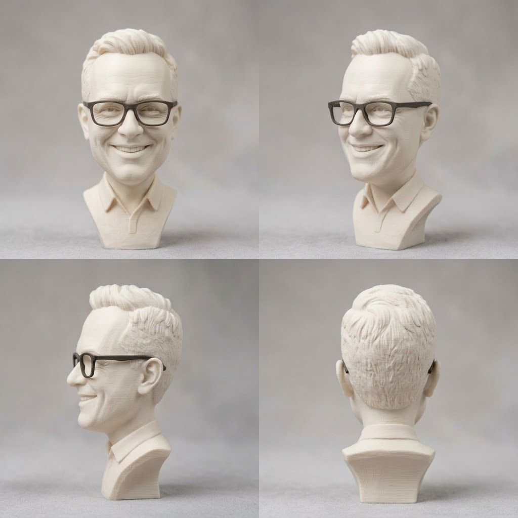 Promotional image set for a custom caricature and stylized bust 3D modeling service, showing a reference photo transformed into an exaggerated clay caricature bust, a digital sculpting process on screen, a white 3D printed caricature bust on a pedestal, and a bronze heirloom statue. Made for customers who want a photo turned into a fun, personalized caricature bust, painted figurine, or wood relief plaque for gag gifts, keepsakes, and display pieces.