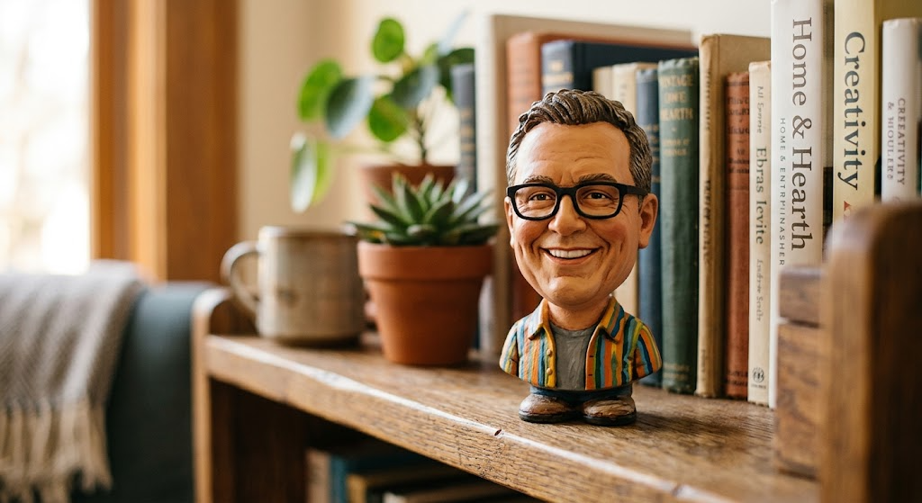 Promotional image set for a custom caricature and stylized bust 3D modeling service, showing a reference photo transformed into an exaggerated clay caricature bust, a digital sculpting process on screen, a white 3D printed caricature bust on a pedestal, and a bronze heirloom statue. Made for customers who want a photo turned into a fun, personalized caricature bust, painted figurine, or wood relief plaque for gag gifts, keepsakes, and display pieces.