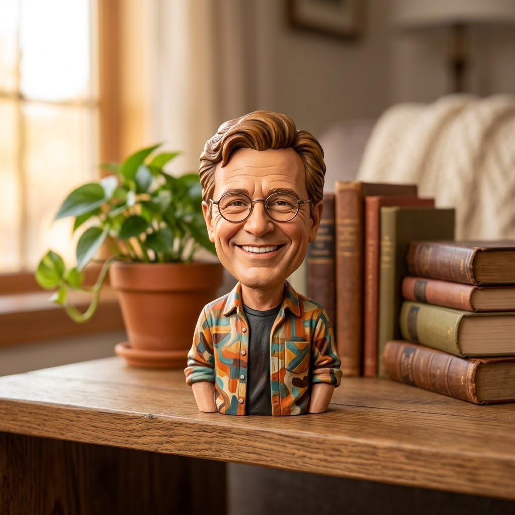 Promotional image set for a custom caricature and stylized bust 3D modeling service, showing a reference photo transformed into an exaggerated clay caricature bust, a digital sculpting process on screen, a white 3D printed caricature bust on a pedestal, and a bronze heirloom statue. Made for customers who want a photo turned into a fun, personalized caricature bust, painted figurine, or wood relief plaque for gag gifts, keepsakes, and display pieces.