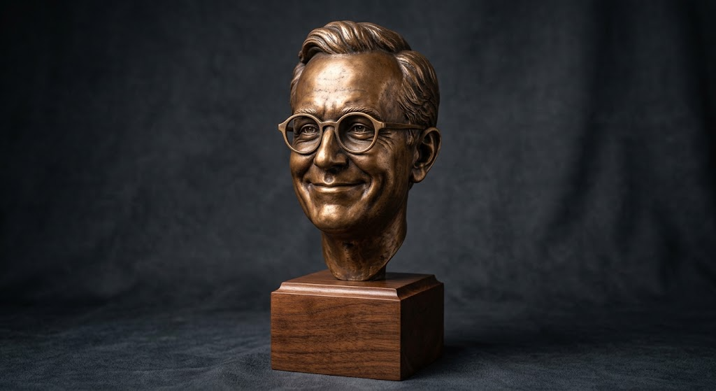 Promotional image set for a custom caricature and stylized bust 3D modeling service, showing a reference photo transformed into an exaggerated clay caricature bust, a digital sculpting process on screen, a white 3D printed caricature bust on a pedestal, and a bronze heirloom statue. Made for customers who want a photo turned into a fun, personalized caricature bust, painted figurine, or wood relief plaque for gag gifts, keepsakes, and display pieces.