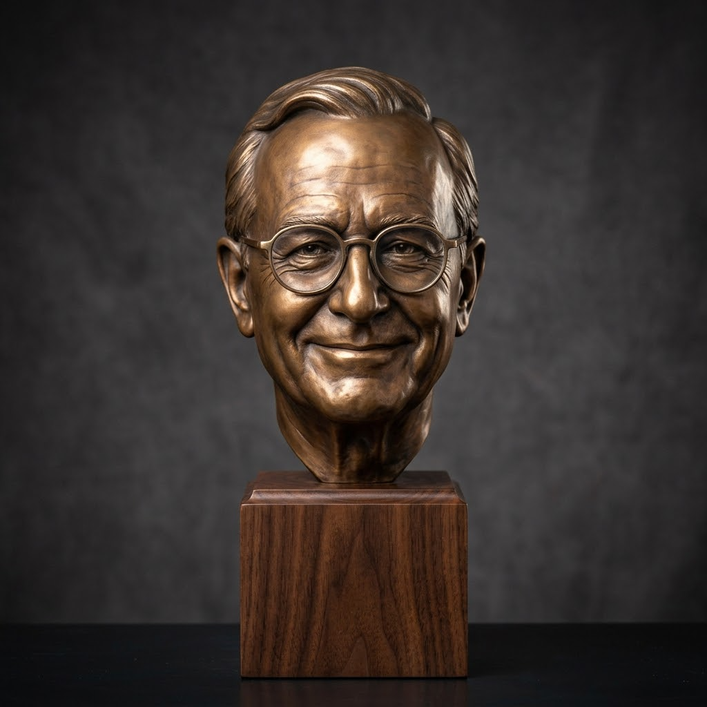 Promotional image set for a custom caricature and stylized bust 3D modeling service, showing a reference photo transformed into an exaggerated clay caricature bust, a digital sculpting process on screen, a white 3D printed caricature bust on a pedestal, and a bronze heirloom statue. Made for customers who want a photo turned into a fun, personalized caricature bust, painted figurine, or wood relief plaque for gag gifts, keepsakes, and display pieces.