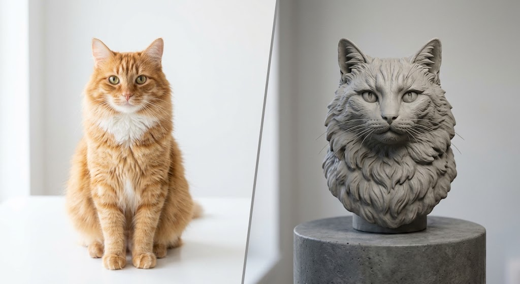 Promotional image set for a custom cat 3D portrait modeling service, showing a reference photo transformed into a detailed grey clay cat portrait bust, a digital sculpting process on screen, a white 3D printed cat bust on a pedestal, and a bronze heirloom statue. Made for customers who want a photo of their cat turned into a personalized sculpted bust, painted figurine, or wood relief plaque for gifts, keepsakes, and display pieces.