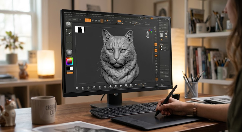 Promotional image set for a custom cat 3D portrait modeling service, showing a reference photo transformed into a detailed grey clay cat portrait bust, a digital sculpting process on screen, a white 3D printed cat bust on a pedestal, and a bronze heirloom statue. Made for customers who want a photo of their cat turned into a personalized sculpted bust, painted figurine, or wood relief plaque for gifts, keepsakes, and display pieces.