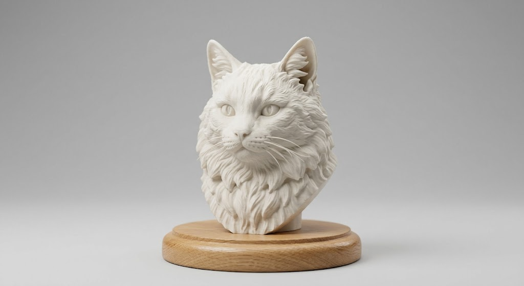 Promotional image set for a custom cat 3D portrait modeling service, showing a reference photo transformed into a detailed grey clay cat portrait bust, a digital sculpting process on screen, a white 3D printed cat bust on a pedestal, and a bronze heirloom statue. Made for customers who want a photo of their cat turned into a personalized sculpted bust, painted figurine, or wood relief plaque for gifts, keepsakes, and display pieces.