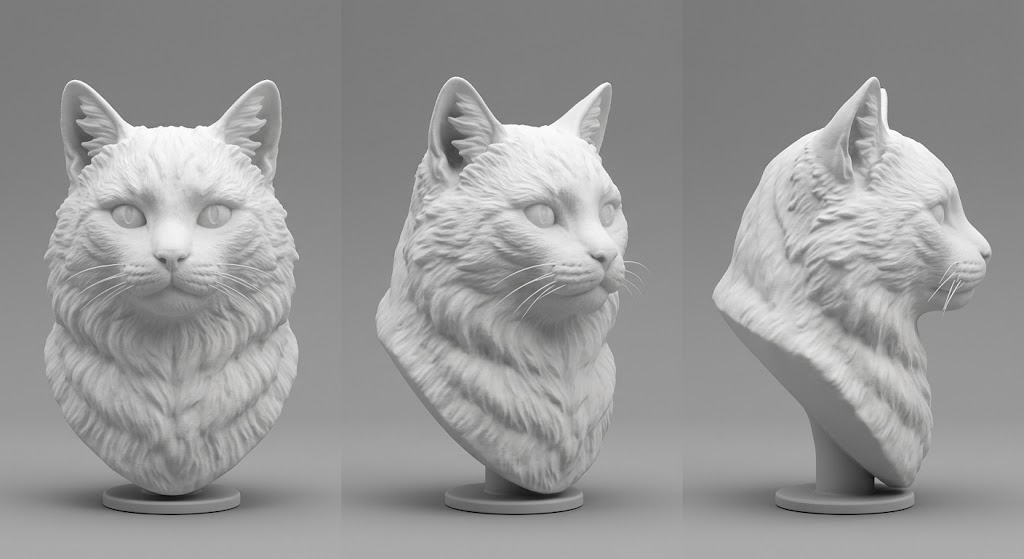Promotional image set for a custom cat 3D portrait modeling service, showing a reference photo transformed into a detailed grey clay cat portrait bust, a digital sculpting process on screen, a white 3D printed cat bust on a pedestal, and a bronze heirloom statue. Made for customers who want a photo of their cat turned into a personalized sculpted bust, painted figurine, or wood relief plaque for gifts, keepsakes, and display pieces.