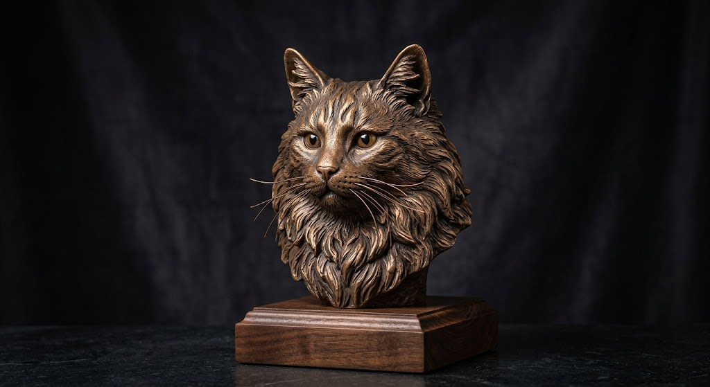 Promotional image set for a custom cat 3D portrait modeling service, showing a reference photo transformed into a detailed grey clay cat portrait bust, a digital sculpting process on screen, a white 3D printed cat bust on a pedestal, and a bronze heirloom statue. Made for customers who want a photo of their cat turned into a personalized sculpted bust, painted figurine, or wood relief plaque for gifts, keepsakes, and display pieces.
