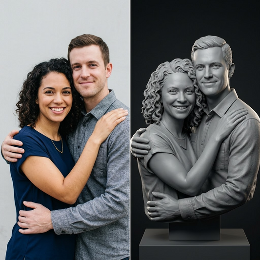 Promotional image set for a custom couple and family 3D portrait modeling service, showing a reference photo transformed into a detailed grey clay double portrait bust, a digital sculpting process on screen, a white 3D printed couple bust on a pedestal, and a bronze heirloom statue. Made for customers who want a photo of a couple or family turned into a personalized sculpted bust, painted figurine, or wood relief plaque for gifts, keepsakes, and display pieces.