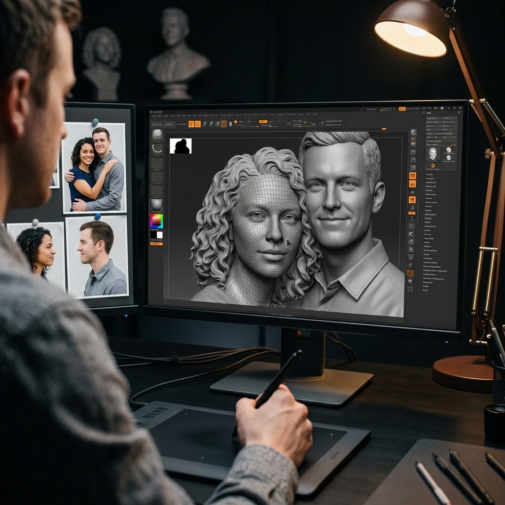 Promotional image set for a custom couple and family 3D portrait modeling service, showing a reference photo transformed into a detailed grey clay double portrait bust, a digital sculpting process on screen, a white 3D printed couple bust on a pedestal, and a bronze heirloom statue. Made for customers who want a photo of a couple or family turned into a personalized sculpted bust, painted figurine, or wood relief plaque for gifts, keepsakes, and display pieces.