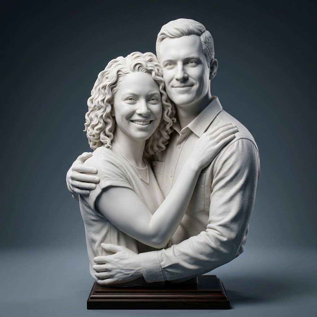 Promotional image set for a custom couple and family 3D portrait modeling service, showing a reference photo transformed into a detailed grey clay double portrait bust, a digital sculpting process on screen, a white 3D printed couple bust on a pedestal, and a bronze heirloom statue. Made for customers who want a photo of a couple or family turned into a personalized sculpted bust, painted figurine, or wood relief plaque for gifts, keepsakes, and display pieces.