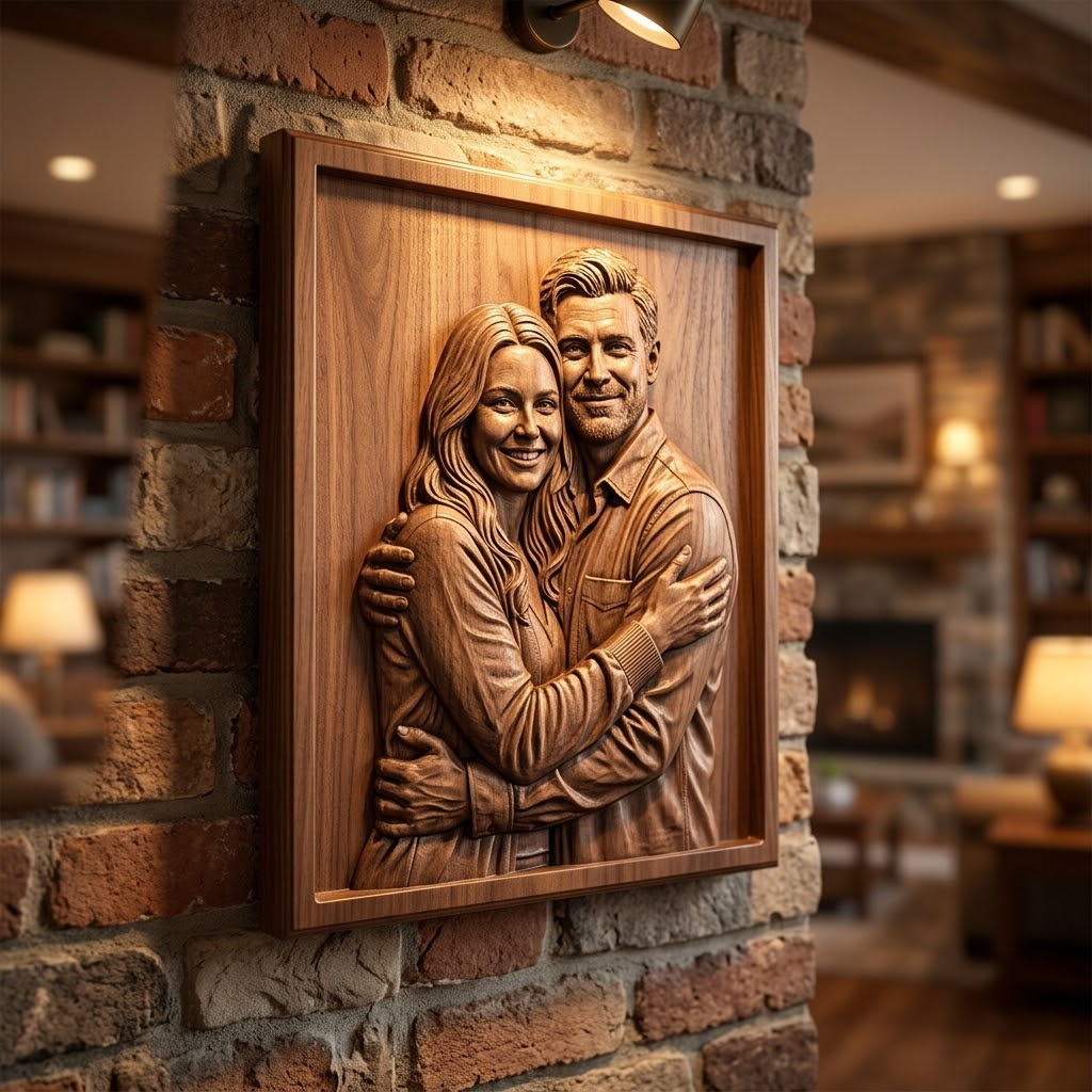 Promotional image set for a custom couple and family 3D portrait modeling service, showing a reference photo transformed into a detailed grey clay double portrait bust, a digital sculpting process on screen, a white 3D printed couple bust on a pedestal, and a bronze heirloom statue. Made for customers who want a photo of a couple or family turned into a personalized sculpted bust, painted figurine, or wood relief plaque for gifts, keepsakes, and display pieces.