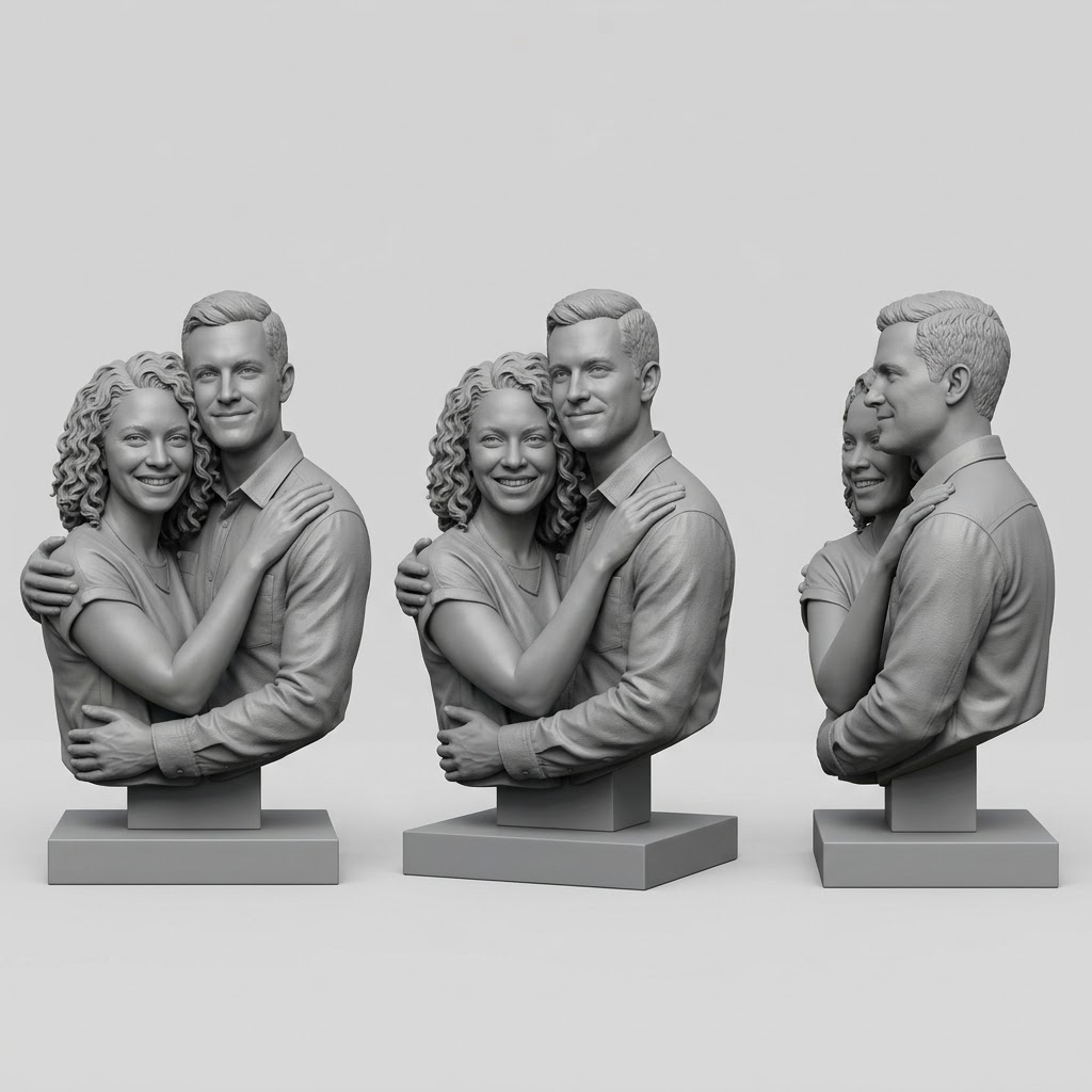 Promotional image set for a custom couple and family 3D portrait modeling service, showing a reference photo transformed into a detailed grey clay double portrait bust, a digital sculpting process on screen, a white 3D printed couple bust on a pedestal, and a bronze heirloom statue. Made for customers who want a photo of a couple or family turned into a personalized sculpted bust, painted figurine, or wood relief plaque for gifts, keepsakes, and display pieces.