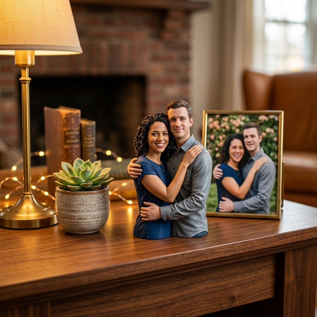 Promotional image set for a custom couple and family 3D portrait modeling service, showing a reference photo transformed into a detailed grey clay double portrait bust, a digital sculpting process on screen, a white 3D printed couple bust on a pedestal, and a bronze heirloom statue. Made for customers who want a photo of a couple or family turned into a personalized sculpted bust, painted figurine, or wood relief plaque for gifts, keepsakes, and display pieces.
