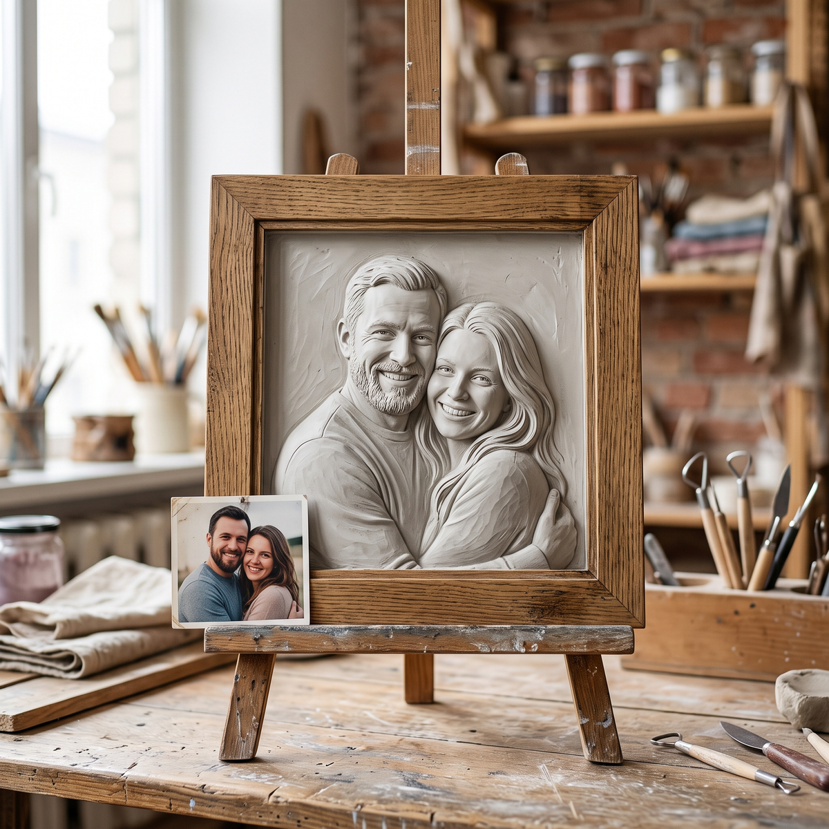 3D bas-relief portrait of a couple embracing, carved in smooth wood with fine facial and hair detail. Raised relief captures two faces close together, framed in a rectangular wooden plaque with clean carved edges. Designed for CNC relief carving, wood routing, laser engraving, and 3D printing as custom wall art, anniversary keepsakes, or wedding gifts.