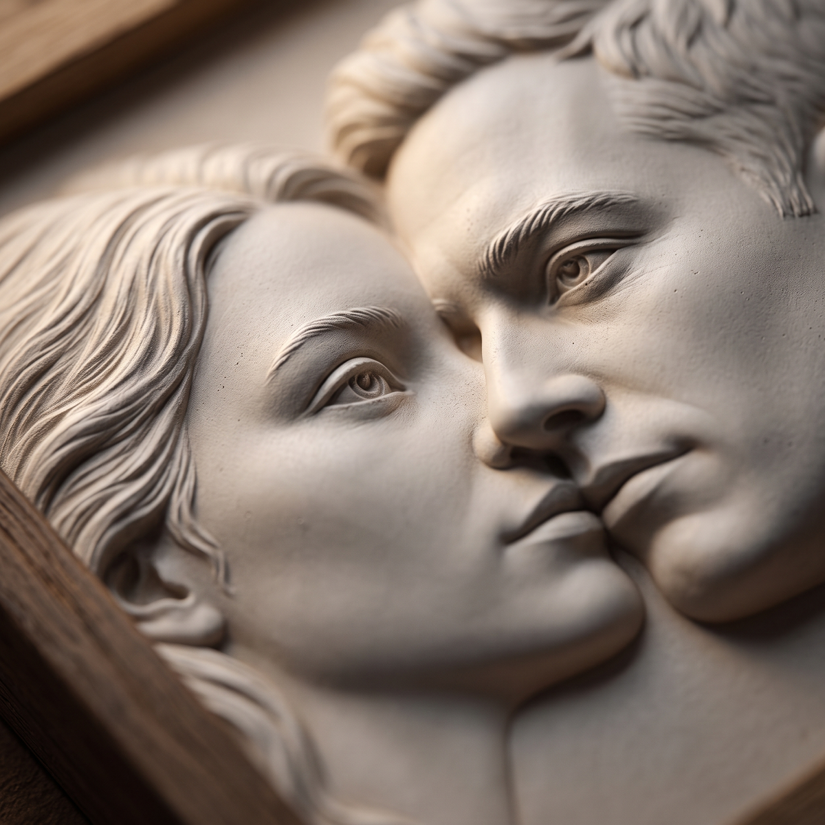 3D bas-relief portrait of a couple embracing, carved in smooth wood with fine facial and hair detail. Raised relief captures two faces close together, framed in a rectangular wooden plaque with clean carved edges. Designed for CNC relief carving, wood routing, laser engraving, and 3D printing as custom wall art, anniversary keepsakes, or wedding gifts.