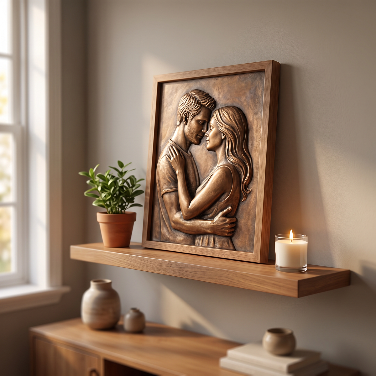 3D bas-relief portrait of a couple embracing, carved in smooth wood with fine facial and hair detail. Raised relief captures two faces close together, framed in a rectangular wooden plaque with clean carved edges. Designed for CNC relief carving, wood routing, laser engraving, and 3D printing as custom wall art, anniversary keepsakes, or wedding gifts.
