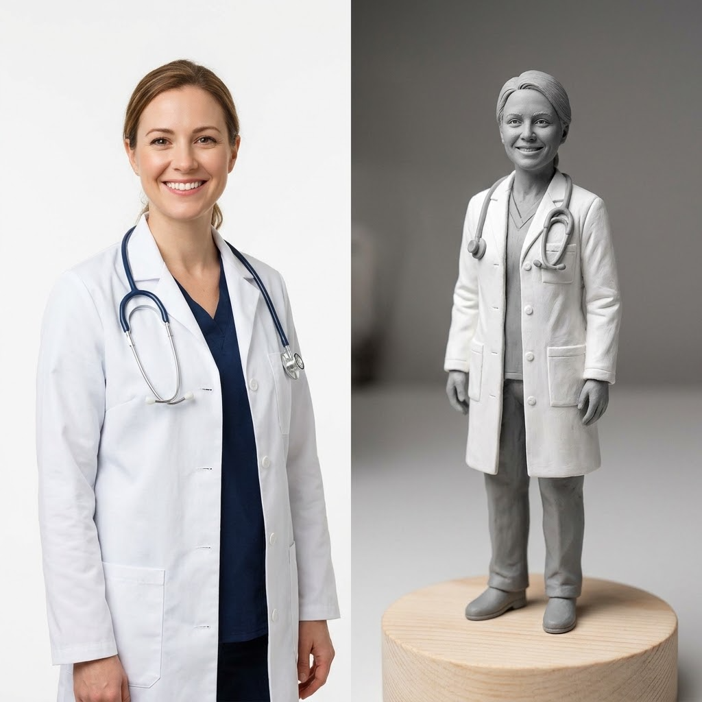 Promotional image set for a custom doctor figurine 3D modeling service, showing a reference photo transformed into a sculpted doctor figurine in a white coat with a stethoscope, a digital sculpting process on screen, a 3D printed figurine on a pedestal, and a bronze heirloom keepsake. Made for customers who want a photo turned into a personalized doctor graduation, retirement, or appreciation gift figurine, or wood relief plaque for keepsakes.