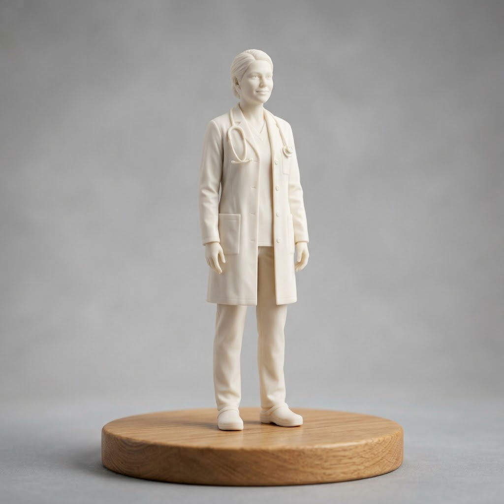 Promotional image set for a custom doctor figurine 3D modeling service, showing a reference photo transformed into a sculpted doctor figurine in a white coat with a stethoscope, a digital sculpting process on screen, a 3D printed figurine on a pedestal, and a bronze heirloom keepsake. Made for customers who want a photo turned into a personalized doctor graduation, retirement, or appreciation gift figurine, or wood relief plaque for keepsakes.