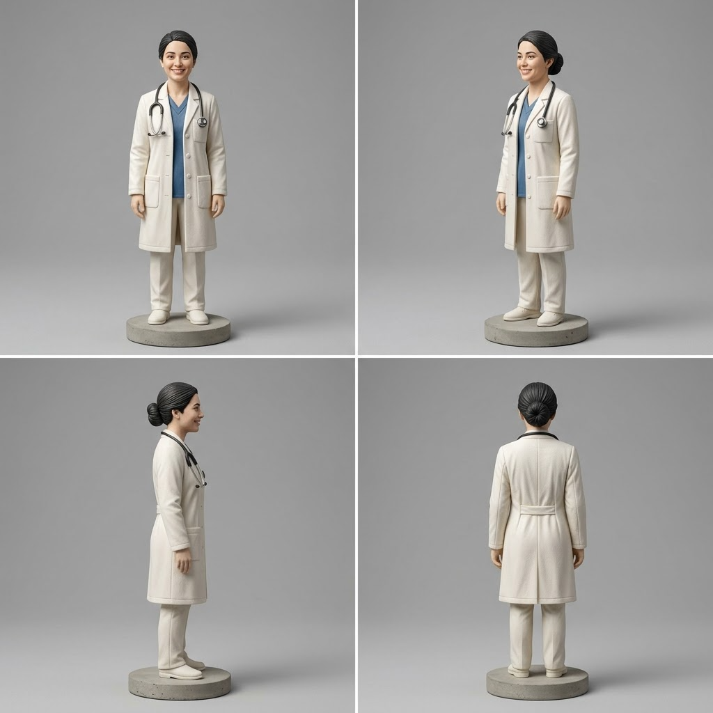 Promotional image set for a custom doctor figurine 3D modeling service, showing a reference photo transformed into a sculpted doctor figurine in a white coat with a stethoscope, a digital sculpting process on screen, a 3D printed figurine on a pedestal, and a bronze heirloom keepsake. Made for customers who want a photo turned into a personalized doctor graduation, retirement, or appreciation gift figurine, or wood relief plaque for keepsakes.