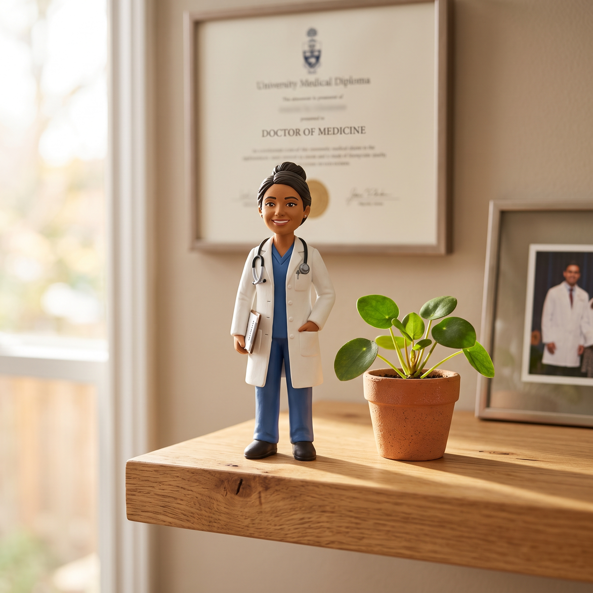 Promotional image set for a custom doctor figurine 3D modeling service, showing a reference photo transformed into a sculpted doctor figurine in a white coat with a stethoscope, a digital sculpting process on screen, a 3D printed figurine on a pedestal, and a bronze heirloom keepsake. Made for customers who want a photo turned into a personalized doctor graduation, retirement, or appreciation gift figurine, or wood relief plaque for keepsakes.
