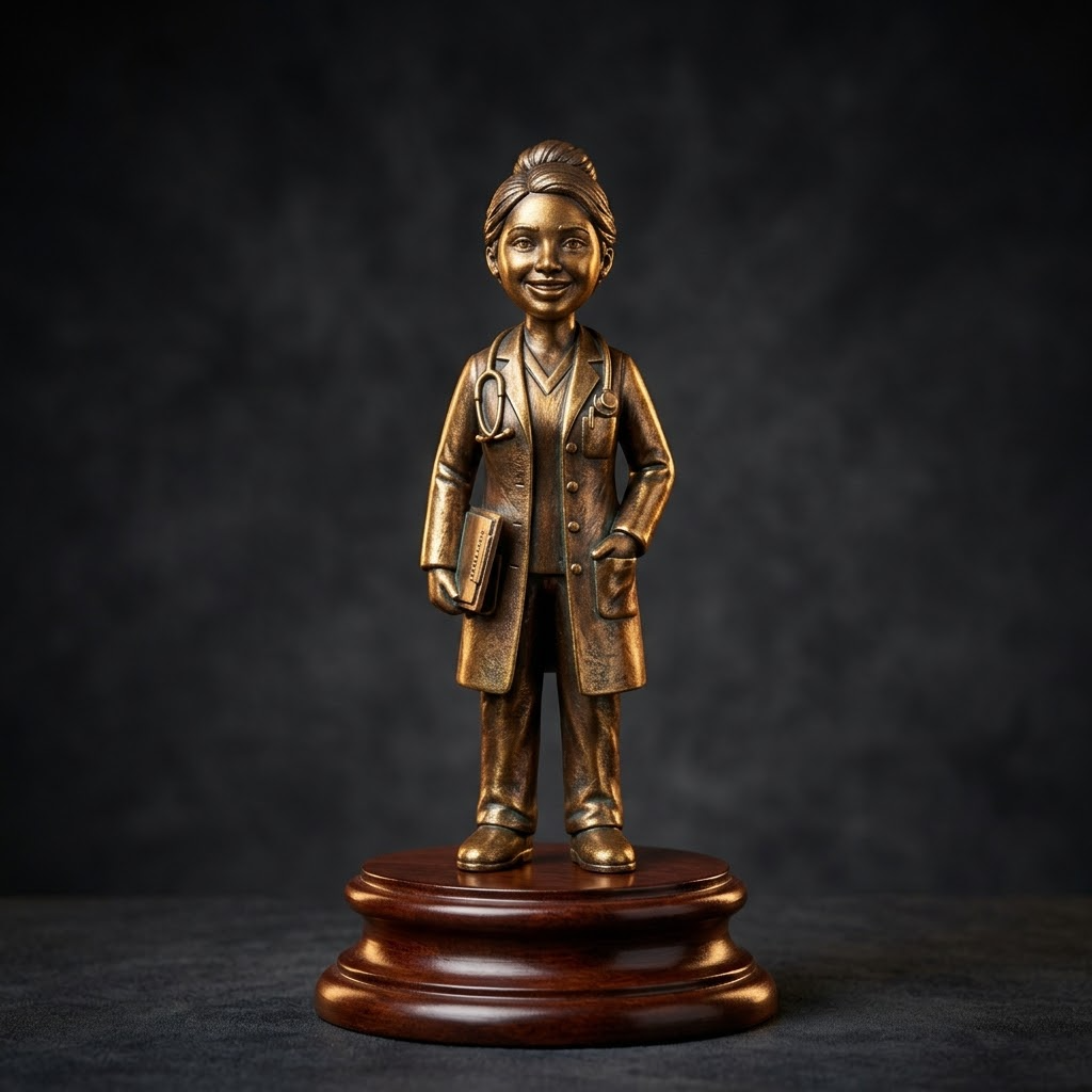 Promotional image set for a custom doctor figurine 3D modeling service, showing a reference photo transformed into a sculpted doctor figurine in a white coat with a stethoscope, a digital sculpting process on screen, a 3D printed figurine on a pedestal, and a bronze heirloom keepsake. Made for customers who want a photo turned into a personalized doctor graduation, retirement, or appreciation gift figurine, or wood relief plaque for keepsakes.