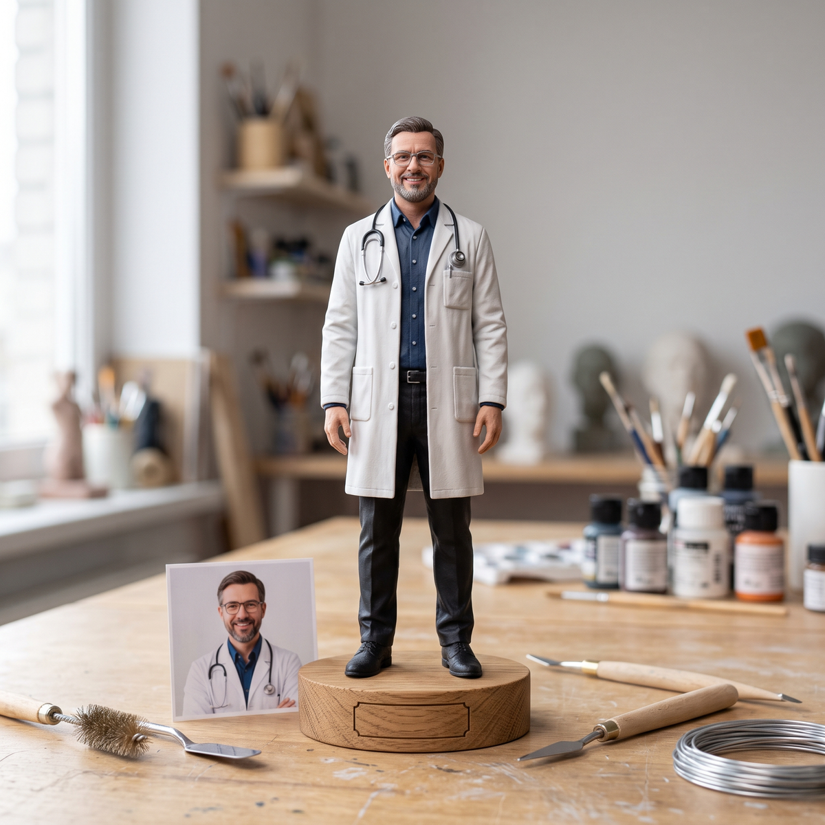 Custom full-body 3D sculpted figurine of a doctor in a white lab coat and stethoscope, hand-sculpted from a reference photo with fine facial and fabric detail, standing on a round wooden base. Designed for 3D printing as a personalized graduation, retirement, or appreciation gift for physicians and medical professionals.
