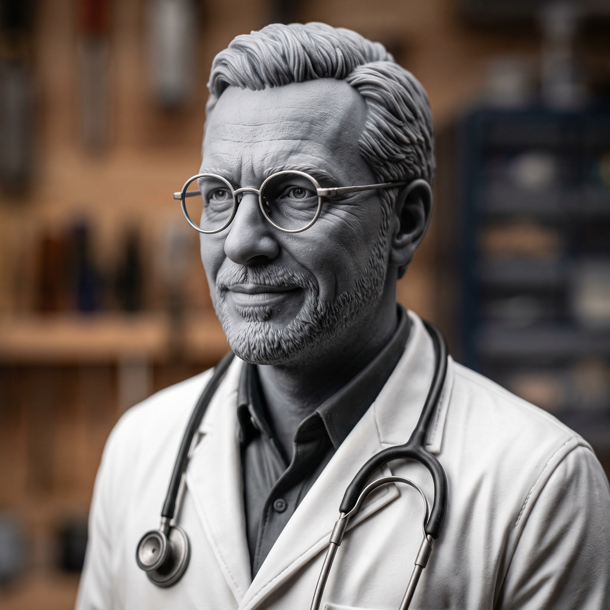 Custom full-body 3D sculpted figurine of a doctor in a white lab coat and stethoscope, hand-sculpted from a reference photo with fine facial and fabric detail, standing on a round wooden base. Designed for 3D printing as a personalized graduation, retirement, or appreciation gift for physicians and medical professionals.