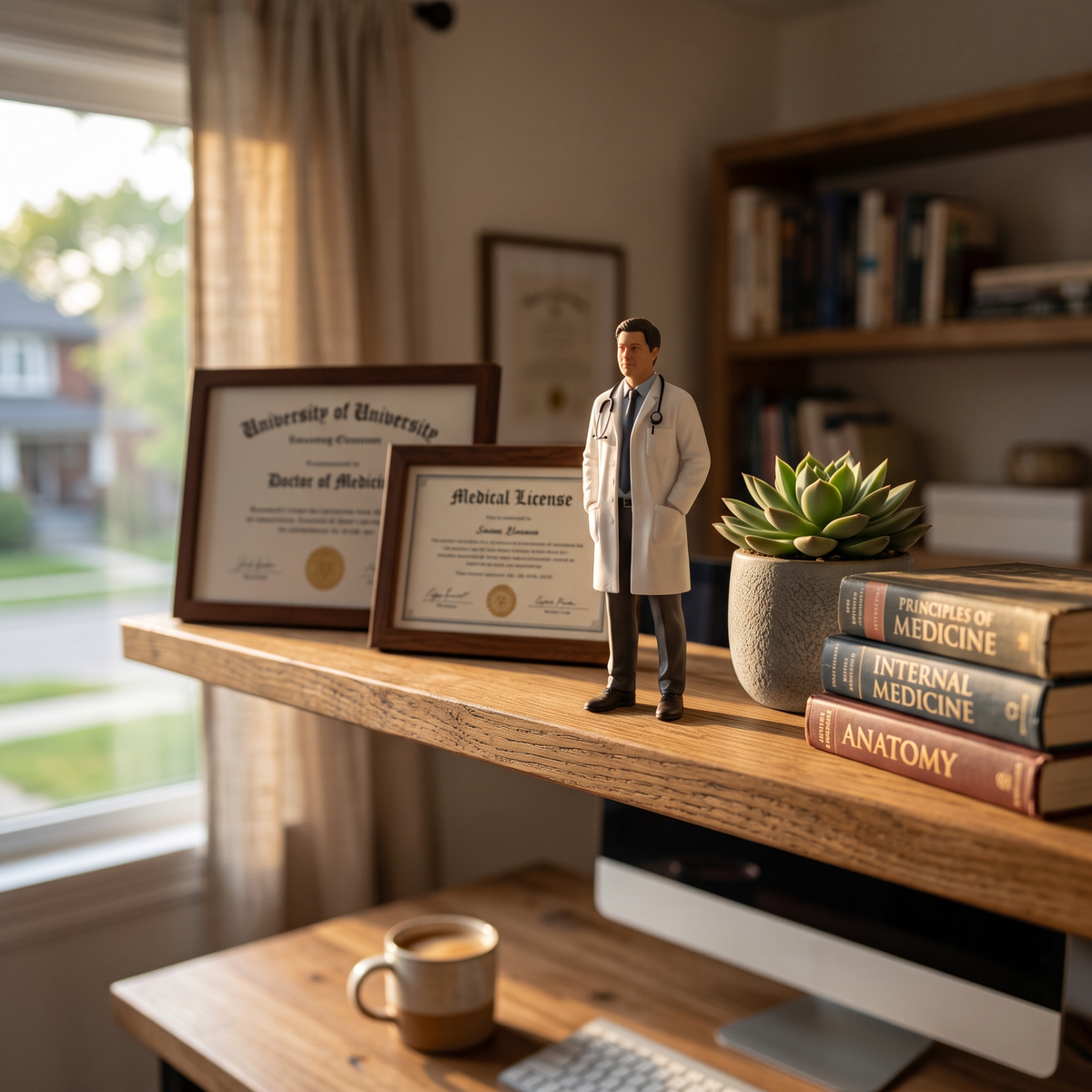 Custom full-body 3D sculpted figurine of a doctor in a white lab coat and stethoscope, hand-sculpted from a reference photo with fine facial and fabric detail, standing on a round wooden base. Designed for 3D printing as a personalized graduation, retirement, or appreciation gift for physicians and medical professionals.