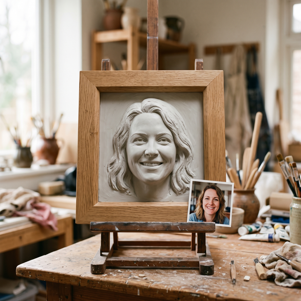 Promotional image set for a custom framed face bas relief sculpting service: a hand sculpted grey plaster portrait relief displayed in a wooden frame on a studio easel beside the reference photo, the digital sculpting process on a design monitor, a macro close up of the carved facial detail, and a bronze finished framed keepsake on a living room shelf. For customers who want their photo turned into a personalized framed portrait relief, memorial keepsake, or wall art piece.