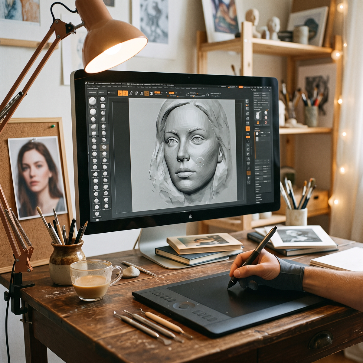 Promotional image set for a custom framed face bas relief sculpting service: a hand sculpted grey plaster portrait relief displayed in a wooden frame on a studio easel beside the reference photo, the digital sculpting process on a design monitor, a macro close up of the carved facial detail, and a bronze finished framed keepsake on a living room shelf. For customers who want their photo turned into a personalized framed portrait relief, memorial keepsake, or wall art piece.