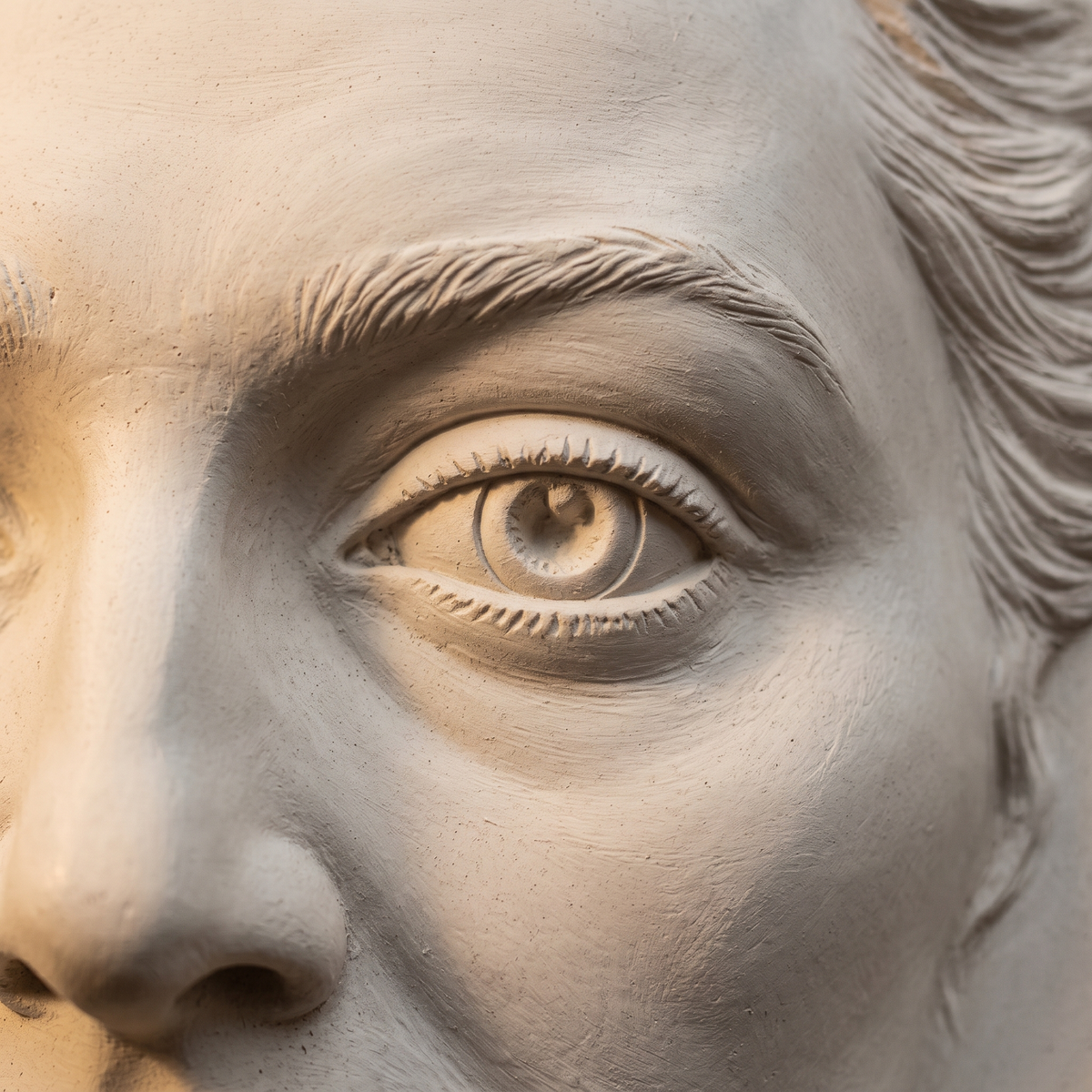Promotional image set for a custom framed face bas relief sculpting service: a hand sculpted grey plaster portrait relief displayed in a wooden frame on a studio easel beside the reference photo, the digital sculpting process on a design monitor, a macro close up of the carved facial detail, and a bronze finished framed keepsake on a living room shelf. For customers who want their photo turned into a personalized framed portrait relief, memorial keepsake, or wall art piece.