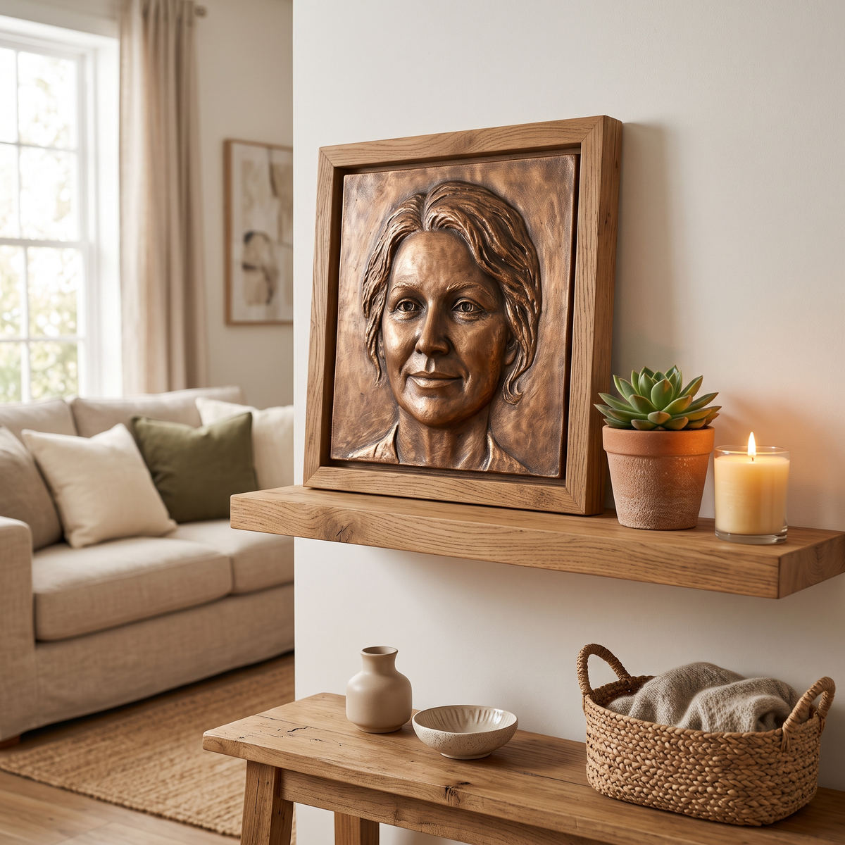 Promotional image set for a custom framed face bas relief sculpting service: a hand sculpted grey plaster portrait relief displayed in a wooden frame on a studio easel beside the reference photo, the digital sculpting process on a design monitor, a macro close up of the carved facial detail, and a bronze finished framed keepsake on a living room shelf. For customers who want their photo turned into a personalized framed portrait relief, memorial keepsake, or wall art piece.